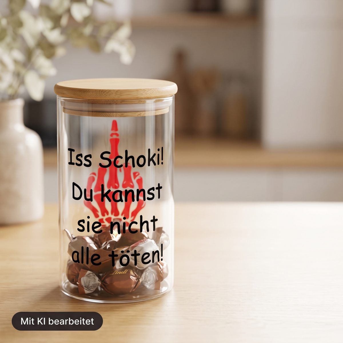 Vorratsglas mit Spruch und Hand